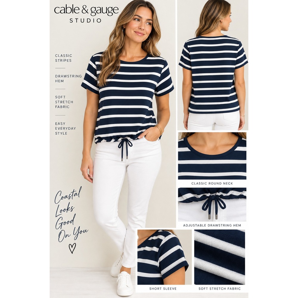 New Navy White Striped Top L Drawstring Hem Nautical Coastal Preppy Sailor Tee